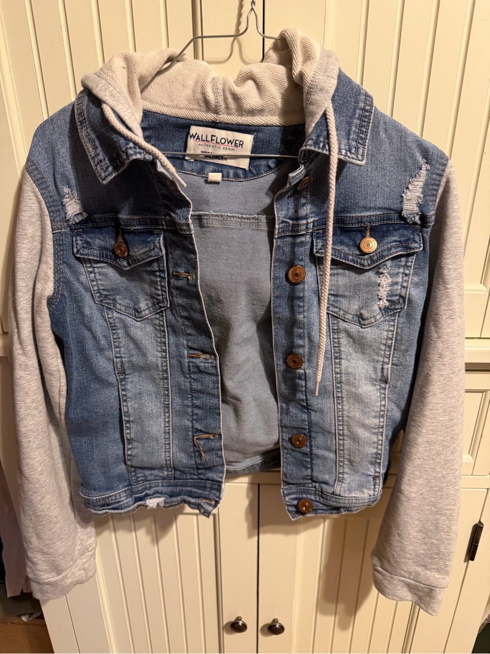 Wallflower Light Blue Denim Jacket with Gray Hoodie Sleeves